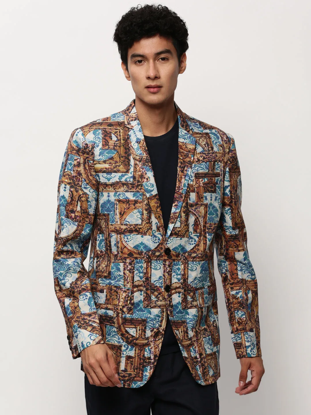 Men Brown Printed Notched Lapel Single Breasted Blazer