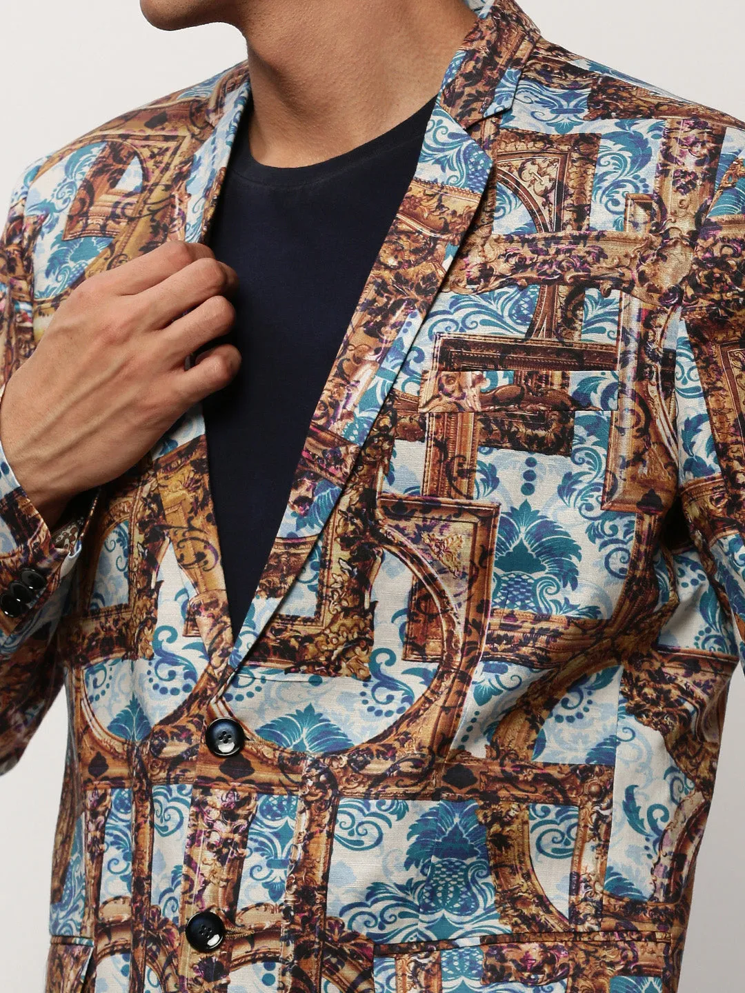 Men Brown Printed Notched Lapel Single Breasted Blazer