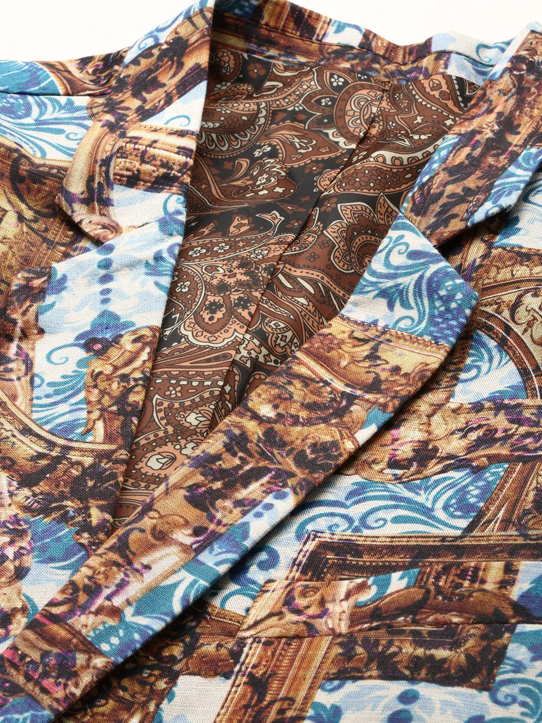 Men Brown Printed Notched Lapel Single Breasted Blazer
