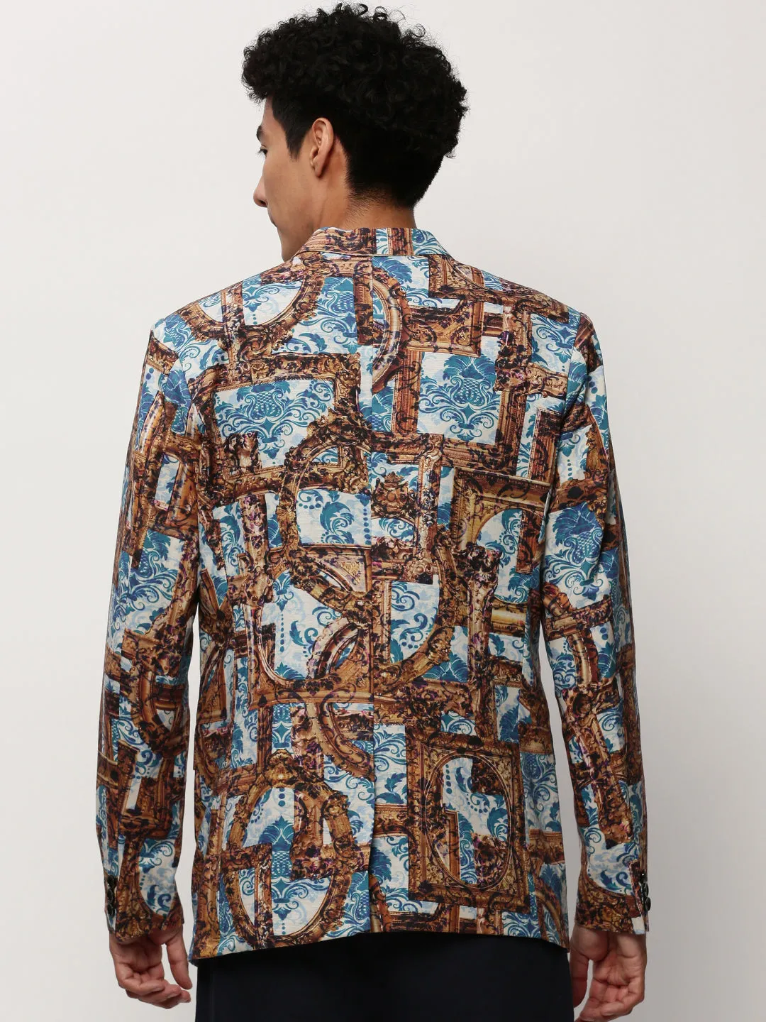 Men Brown Printed Notched Lapel Single Breasted Blazer
