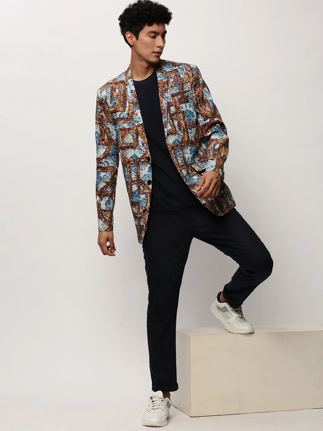 Men Brown Printed Notched Lapel Single Breasted Blazer