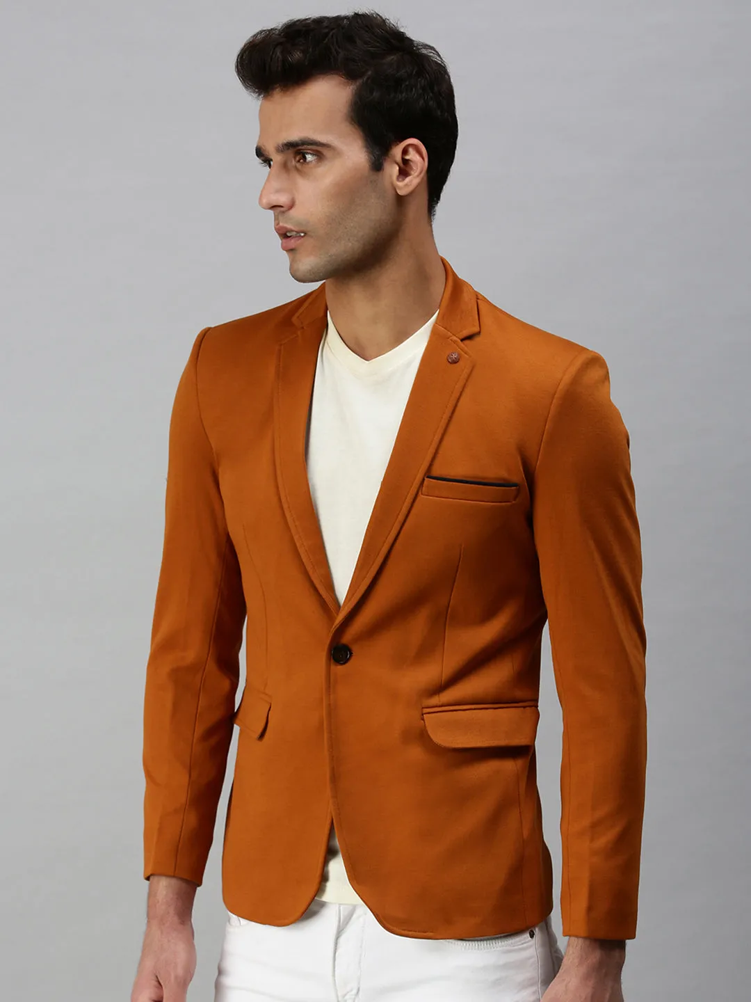 Men Brown Solid Slim-Fit Single-Breasted Casual Blazers