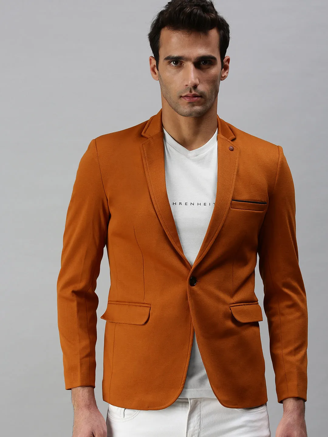 Men Brown Solid Slim-Fit Single-Breasted Casual Blazers