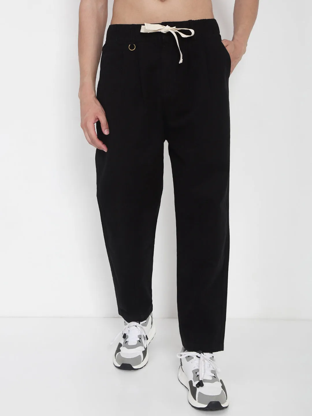 Men Cotton Black Relaxed Fit Korean Trousers