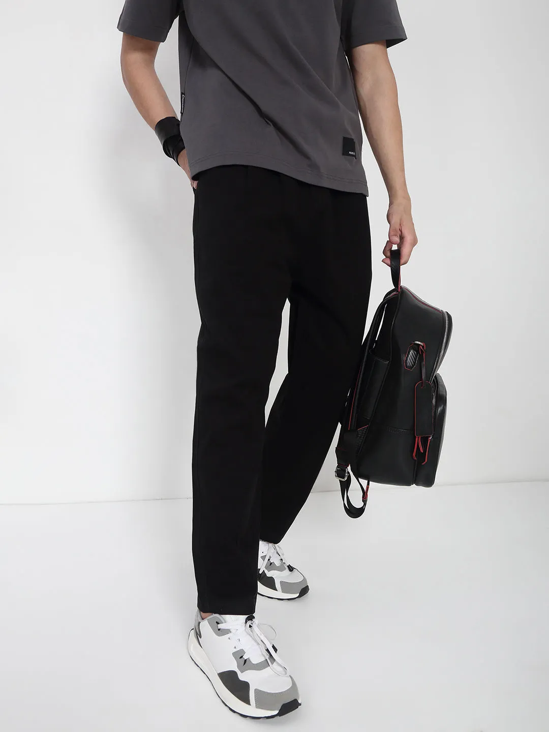 Men Cotton Black Relaxed Fit Korean Trousers