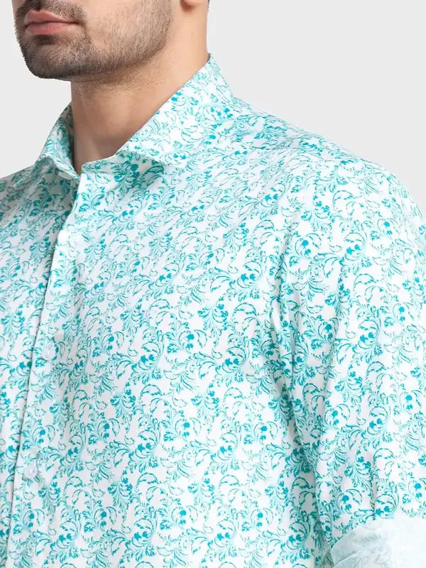 Men Petrol Tailored Fit Print Cotton Full Sleeve Shirts