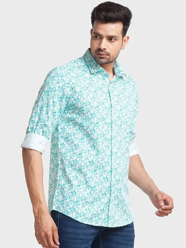 Men Petrol Tailored Fit Print Cotton Full Sleeve Shirts