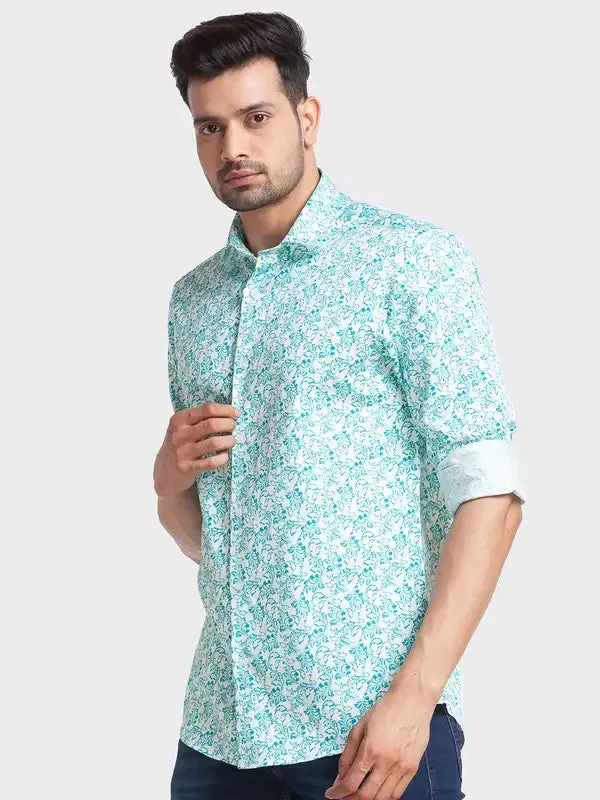 Men Petrol Tailored Fit Print Cotton Full Sleeve Shirts