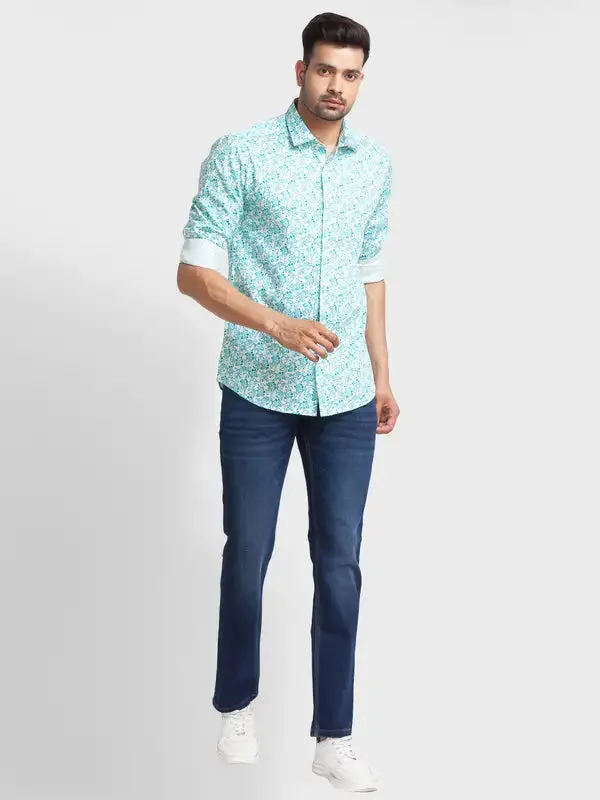 Men Petrol Tailored Fit Print Cotton Full Sleeve Shirts