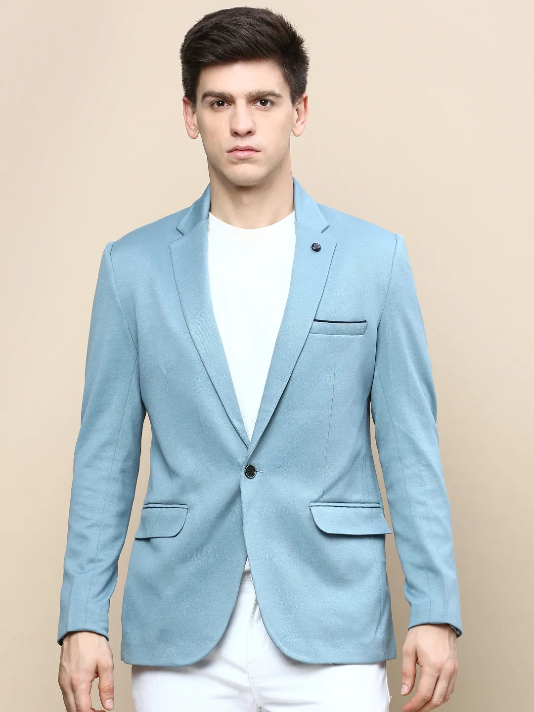 Men Turquoise Blue Slim-Fit Single Breasted Cotton Blazer