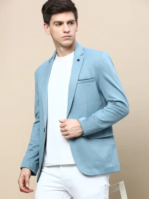 Men Turquoise Blue Slim-Fit Single Breasted Cotton Blazer