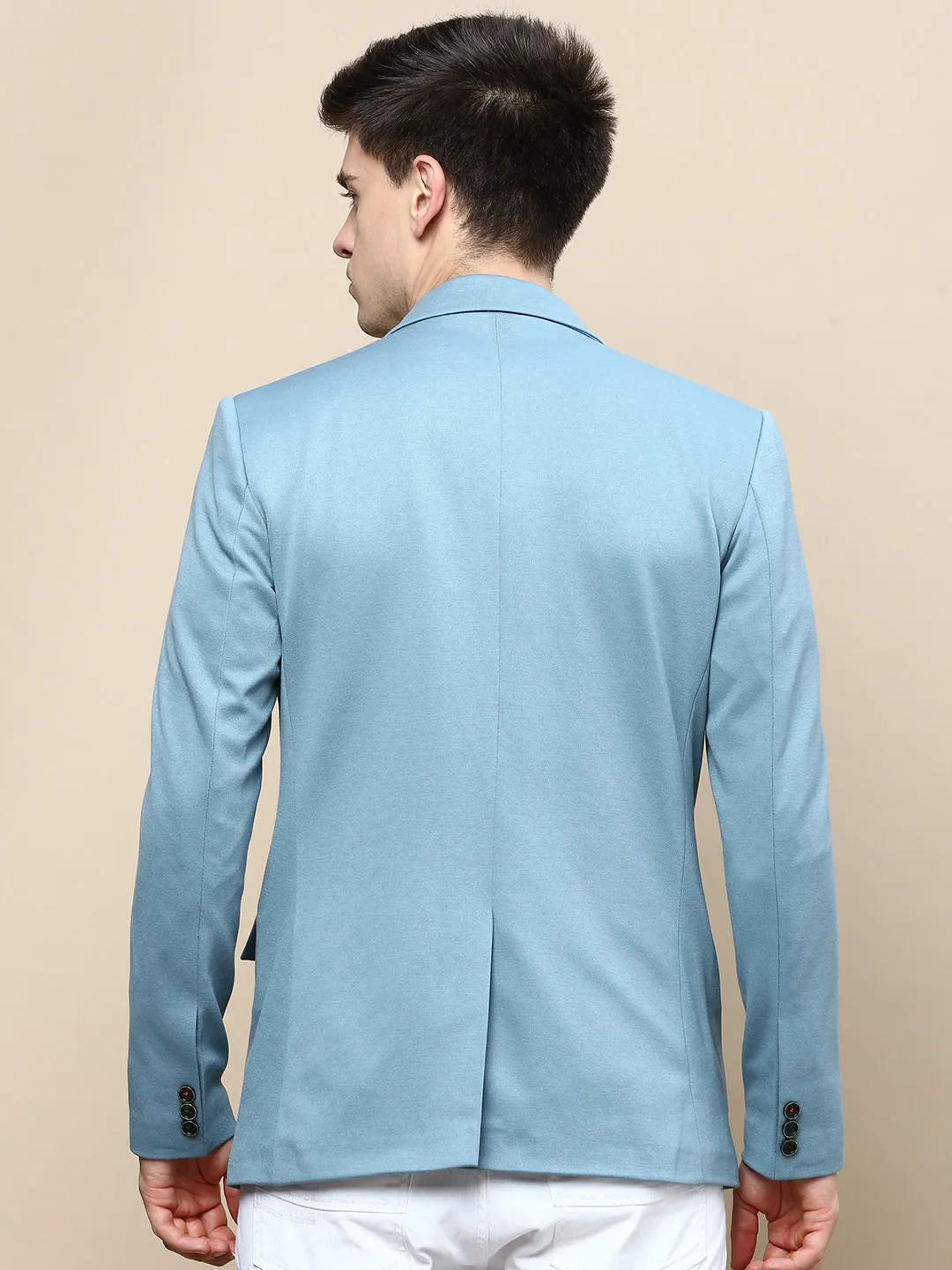 Men Turquoise Blue Slim-Fit Single Breasted Cotton Blazer