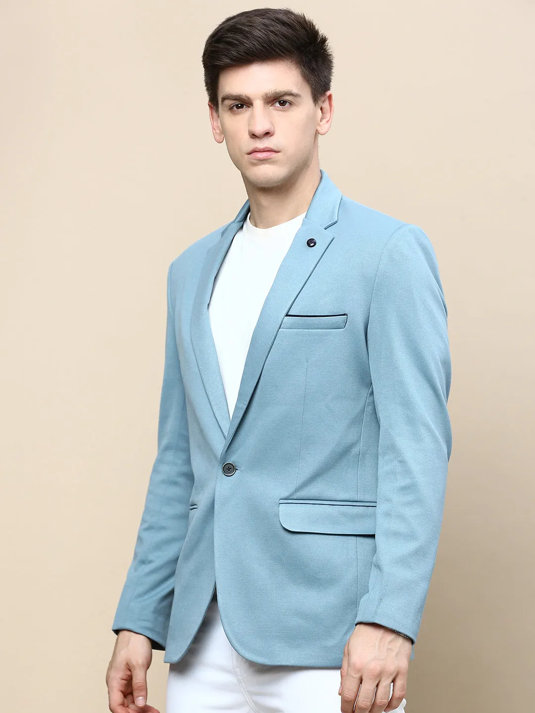 Men Turquoise Blue Slim-Fit Single Breasted Cotton Blazer