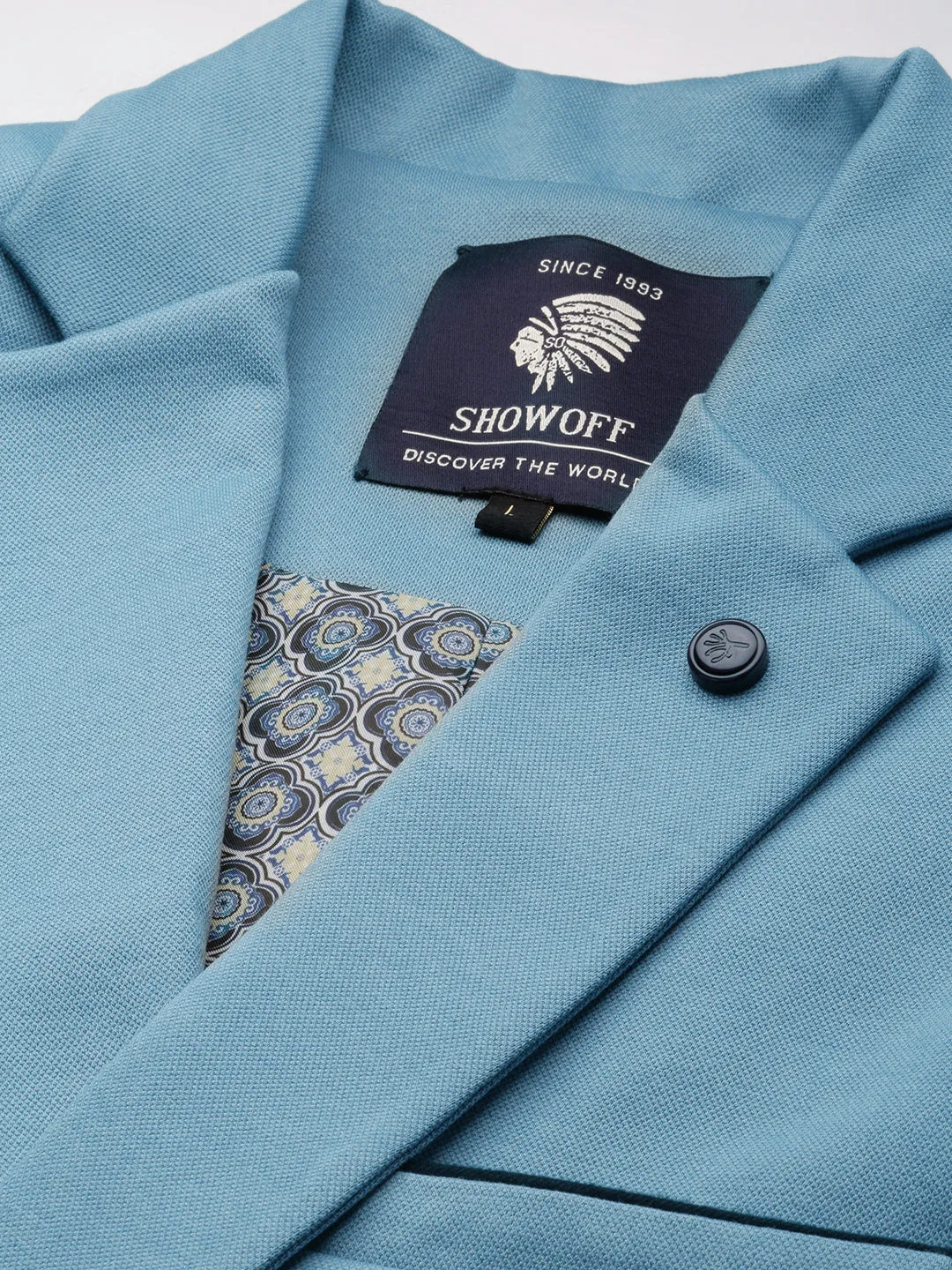 Men Turquoise Blue Slim-Fit Single Breasted Cotton Blazer