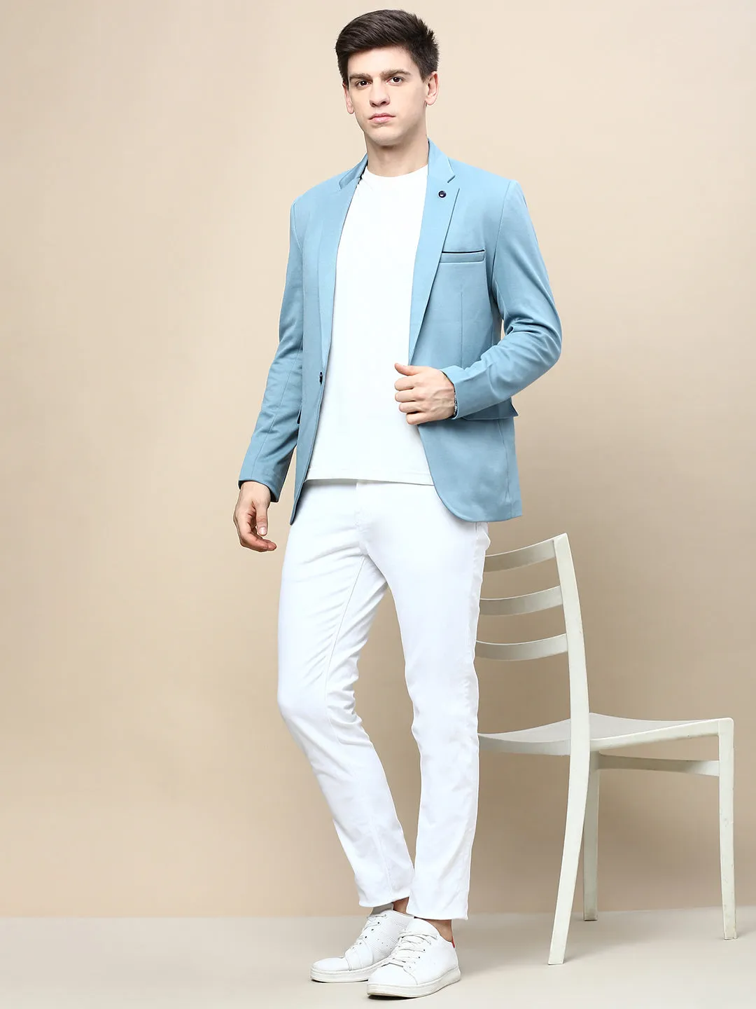 Men Turquoise Blue Slim-Fit Single Breasted Cotton Blazer