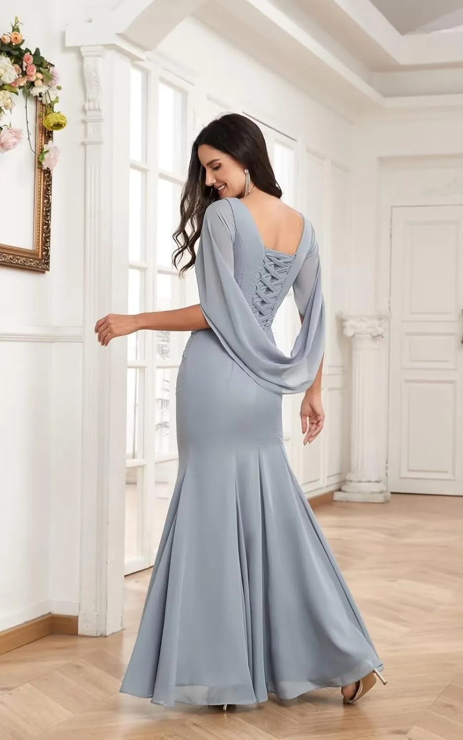 Mermaid Mermaid Mother of The Bride Dress Cape Sleeves Chiffon Long Mother of The Groom Dresses for Wedding