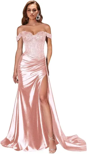 Mermaid Prom Dresses for Women Appliques Satin Formal Dress with Slit LW078