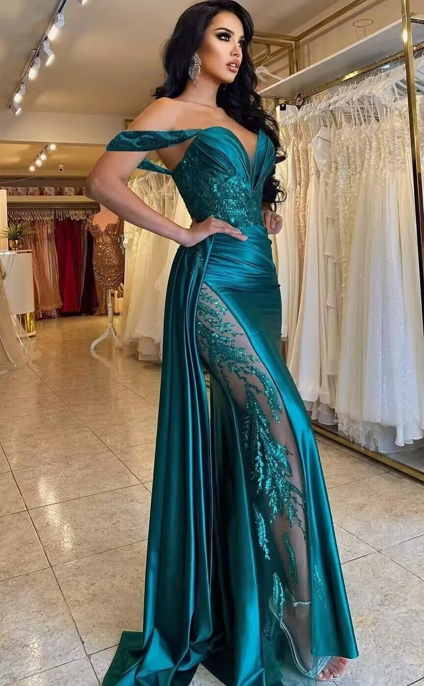 Mermaid Prom Dresses for Women Sparkly Sequins Pleats Satin Formal Dress with Train Off Shoulder LW131