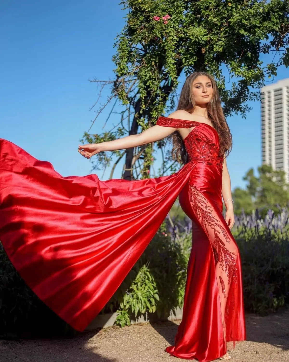 Mermaid Prom Dresses for Women Sparkly Sequins Pleats Satin Formal Dress with Train Off Shoulder LW131