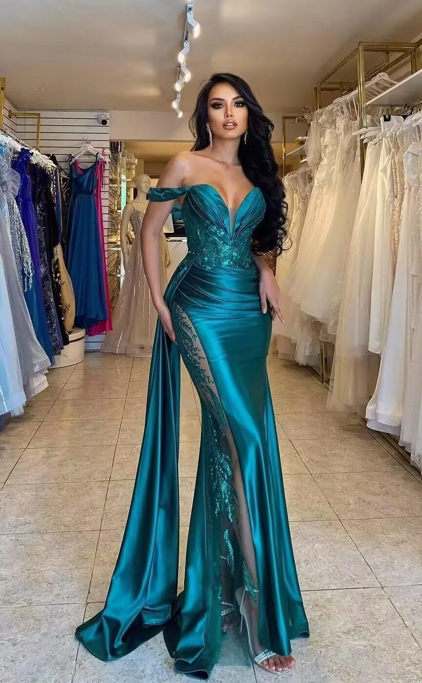 Mermaid Prom Dresses for Women Sparkly Sequins Pleats Satin Formal Dress with Train Off Shoulder LW131
