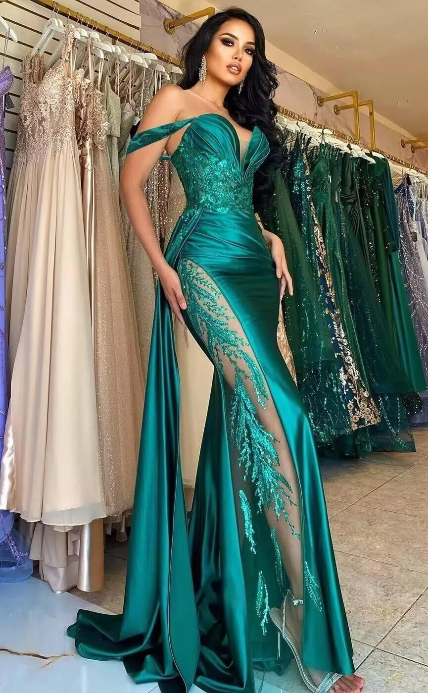 Mermaid Prom Dresses for Women Sparkly Sequins Pleats Satin Formal Dress with Train Off Shoulder LW131