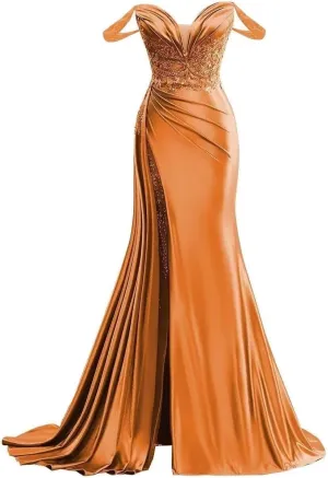 Mermaid Prom Dresses for Women Sparkly Sequins Pleats Satin Formal Dress with Train Off Shoulder LW131