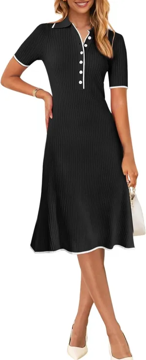 MEROKEETY Women's V Neck Ribbed Knit Midi Dress Short Sleeve Button Elegant Bodycon Sweater Dresses