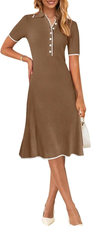 MEROKEETY Women's V Neck Ribbed Knit Midi Dress Short Sleeve Button Elegant Bodycon Sweater Dresses