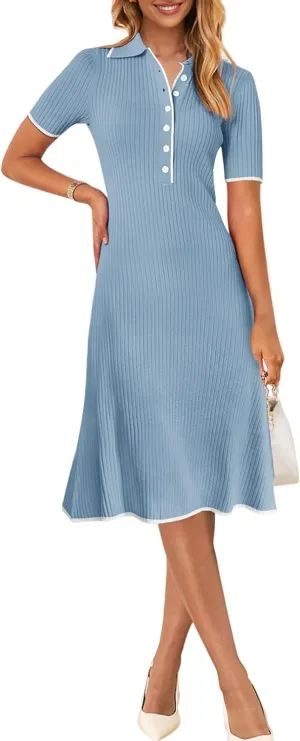 MEROKEETY Women's V Neck Ribbed Knit Midi Dress Short Sleeve Button Elegant Bodycon Sweater Dresses
