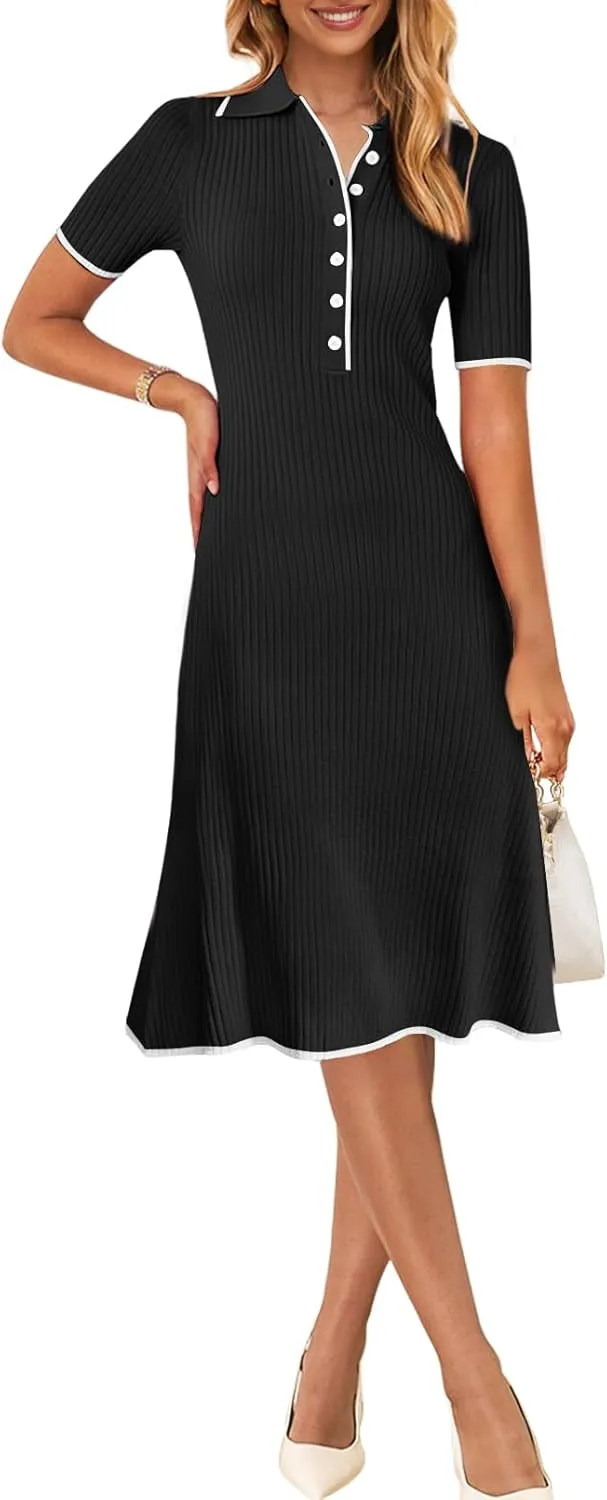MEROKEETY Women's V Neck Ribbed Knit Midi Dress Short Sleeve Button Elegant Bodycon Sweater Dresses