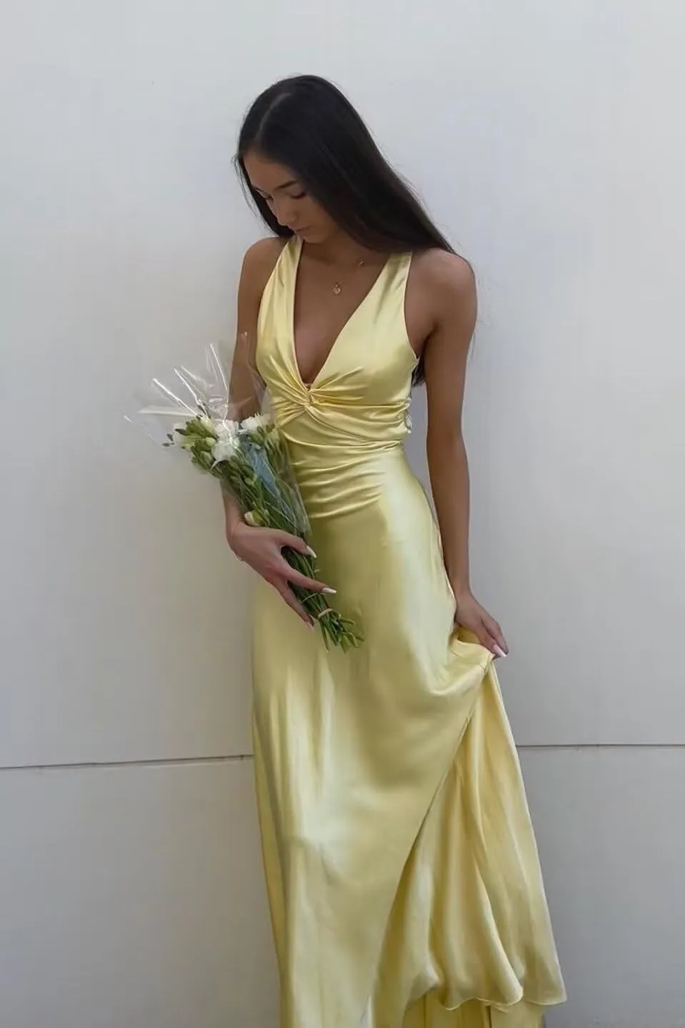 Miao Duo Women's Halter Mermaid Prom Dresses with Bow Long Pleats Silk Satin Formal Evening Gowns YZTS080