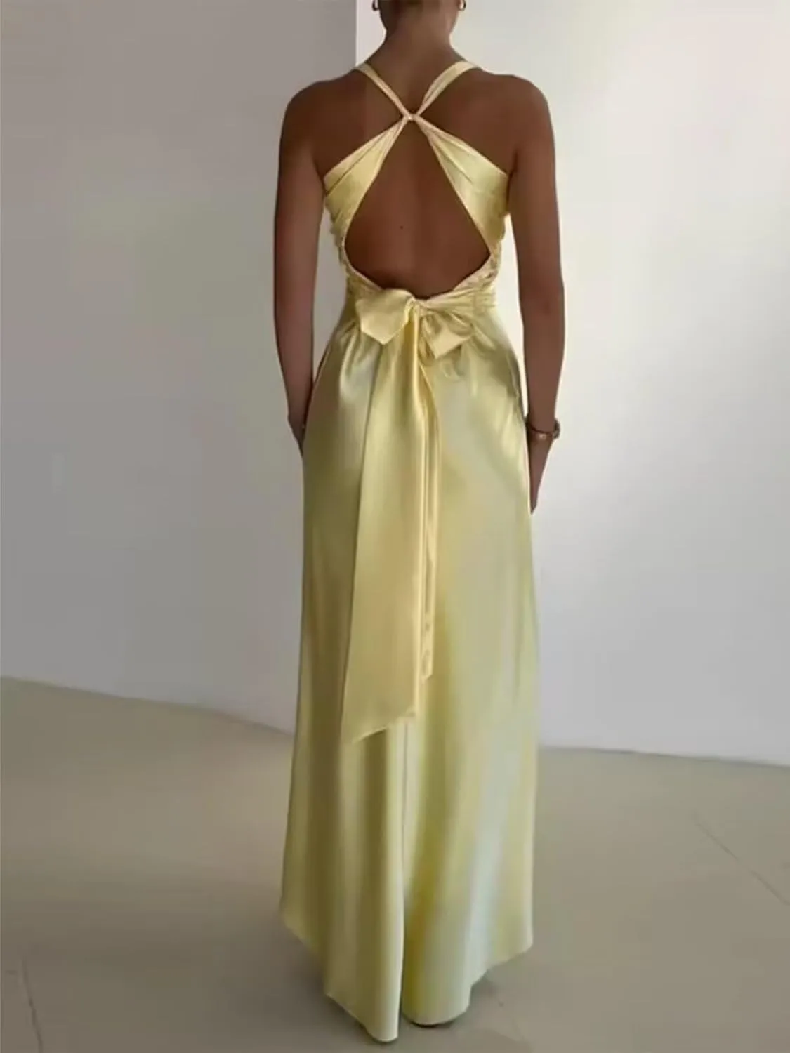 Miao Duo Women's Halter Mermaid Prom Dresses with Bow Long Pleats Silk Satin Formal Evening Gowns YZTS080