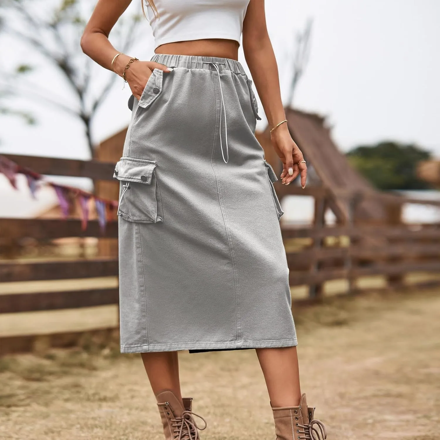 Midi Skirt for Women 2024 Casual Elastic Waist Wrap-Around Skirts Fall Trendy Mid Length Skirts with Pockets Y2k