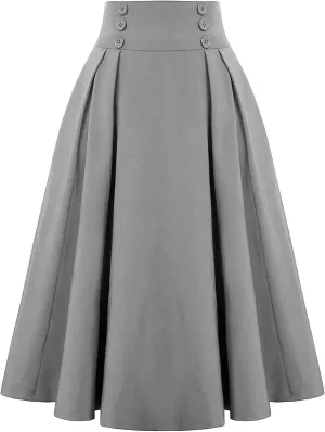Midi Skirts for Women Button Elastic High Waist Pleated A Line Skirts Summer Loose Casual Skirt for Women