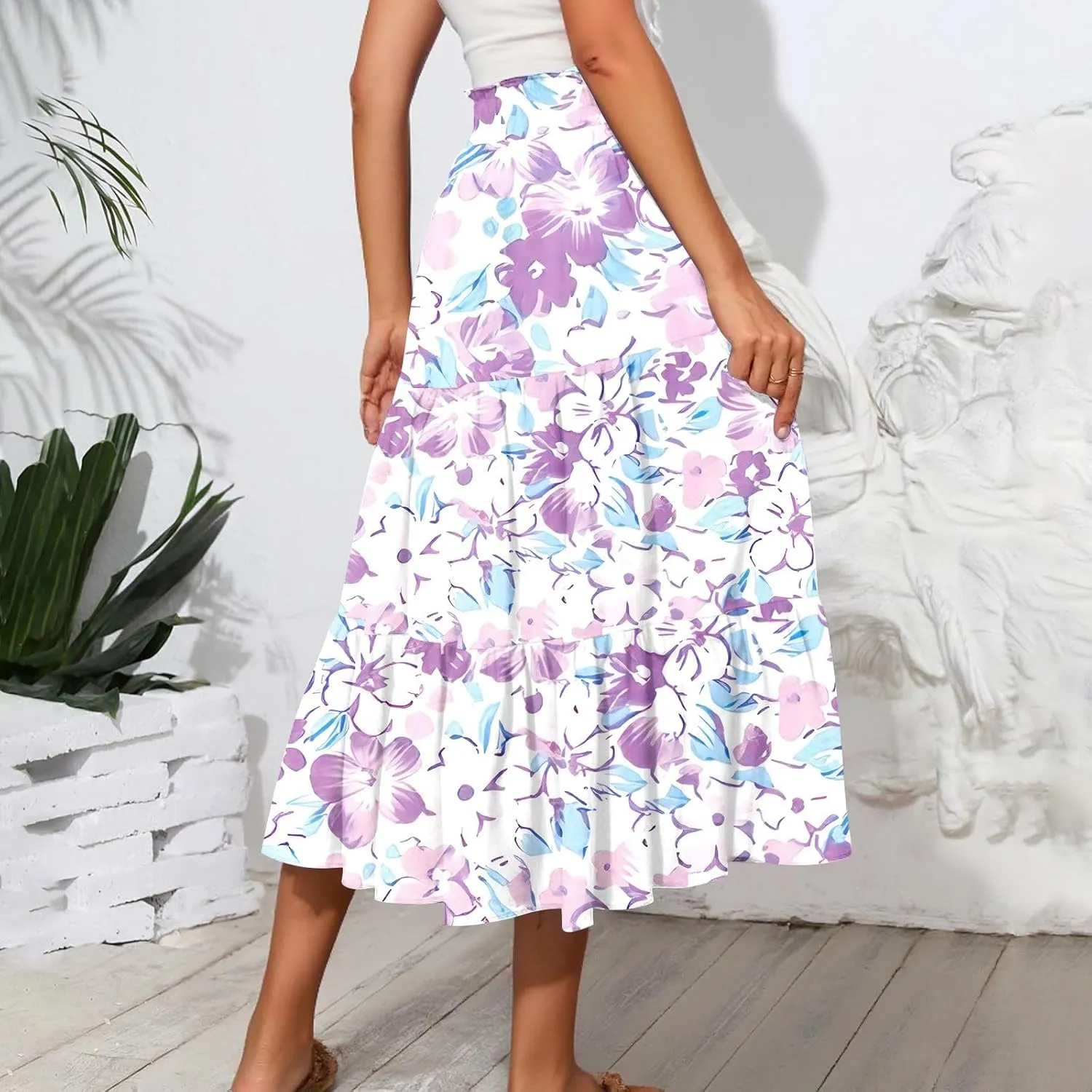 Midi Skirts for Women Casual Pleated A Line Summer Cute Skirts Smocked Floral Boho Flowy Long Skirt with Pockets