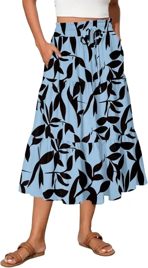 Midi Skirts for Women Casual Pleated A Line Summer Cute Skirts Smocked Floral Boho Flowy Long Skirt with Pockets