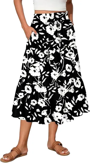 Midi Skirts for Women Casual Pleated A Line Summer Cute Skirts Smocked Floral Boho Flowy Long Skirt with Pockets