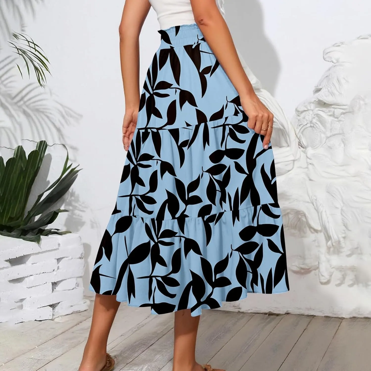 Midi Skirts for Women Casual Pleated A Line Summer Cute Skirts Smocked Floral Boho Flowy Long Skirt with Pockets