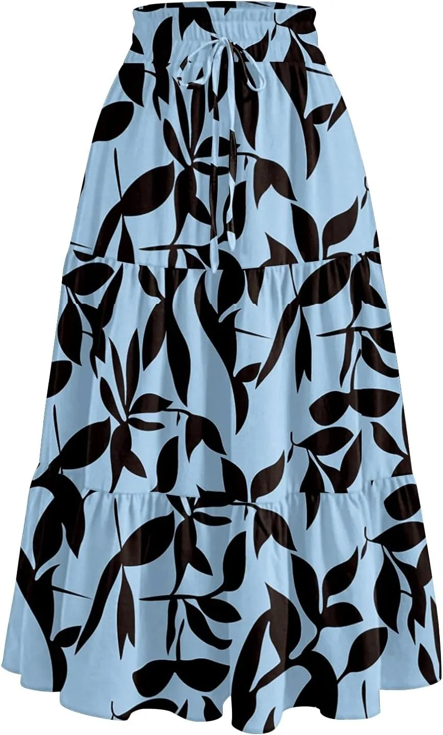 Midi Skirts for Women Casual Pleated A Line Summer Cute Skirts Smocked Floral Boho Flowy Long Skirt with Pockets