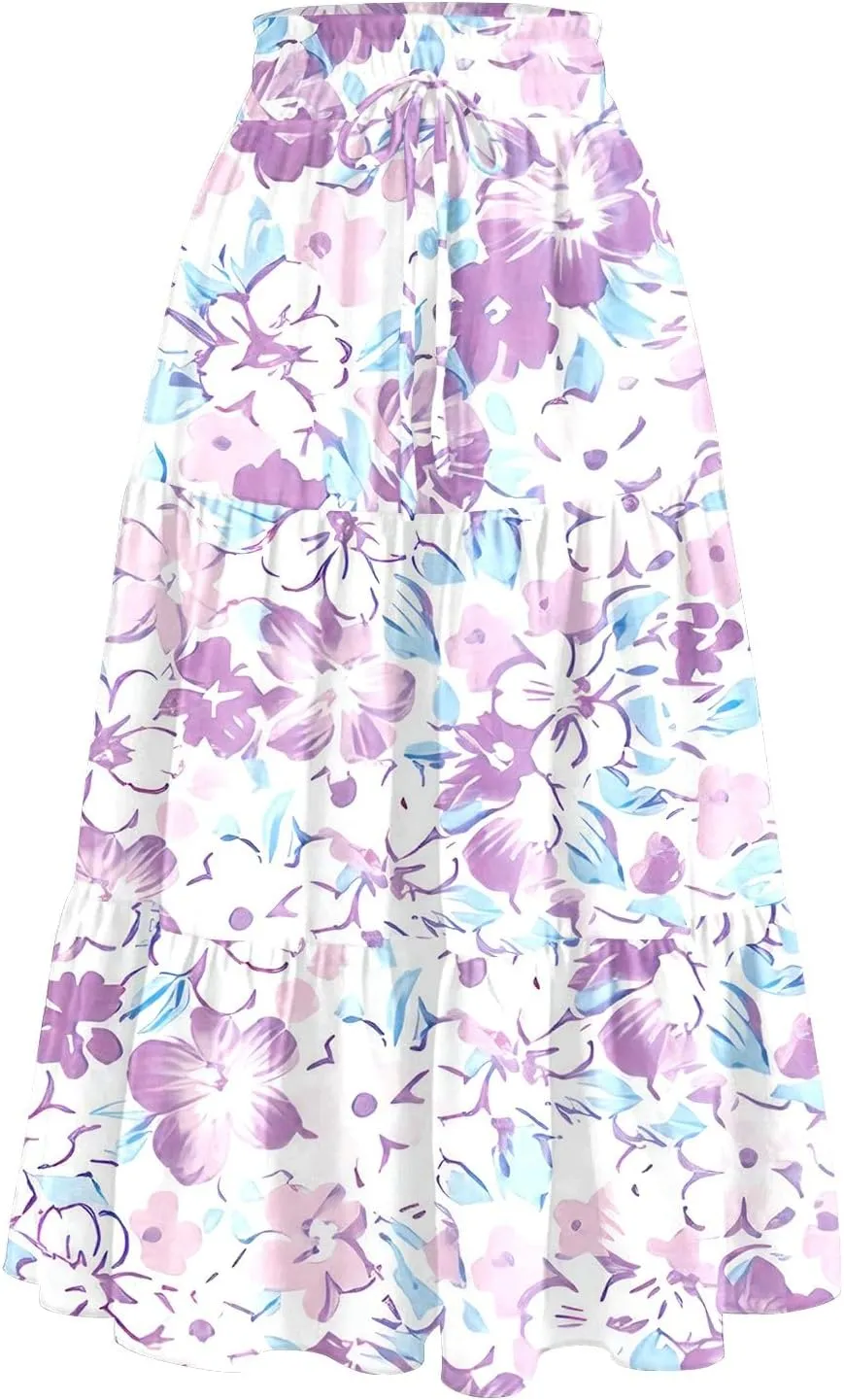 Midi Skirts for Women Casual Pleated A Line Summer Cute Skirts Smocked Floral Boho Flowy Long Skirt with Pockets