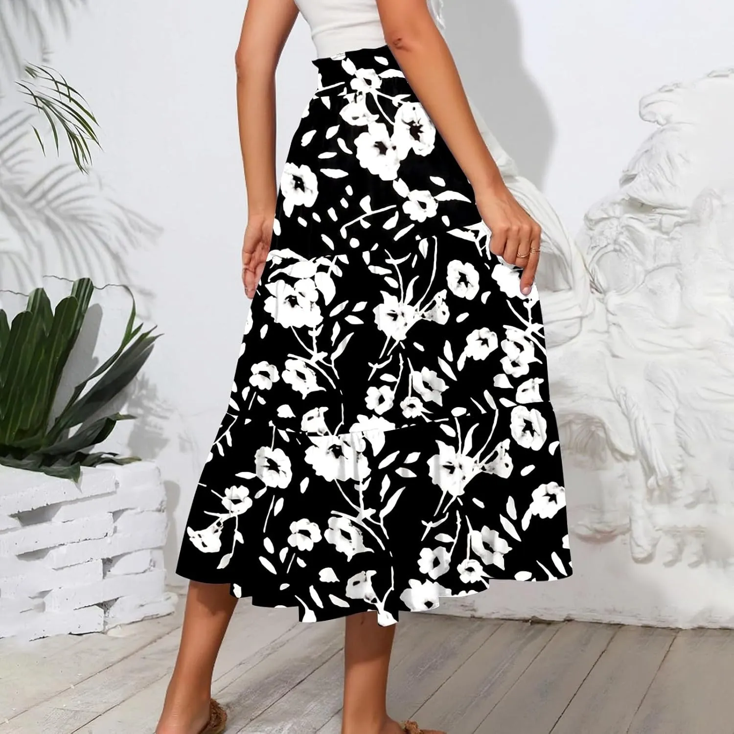 Midi Skirts for Women Casual Pleated A Line Summer Cute Skirts Smocked Floral Boho Flowy Long Skirt with Pockets