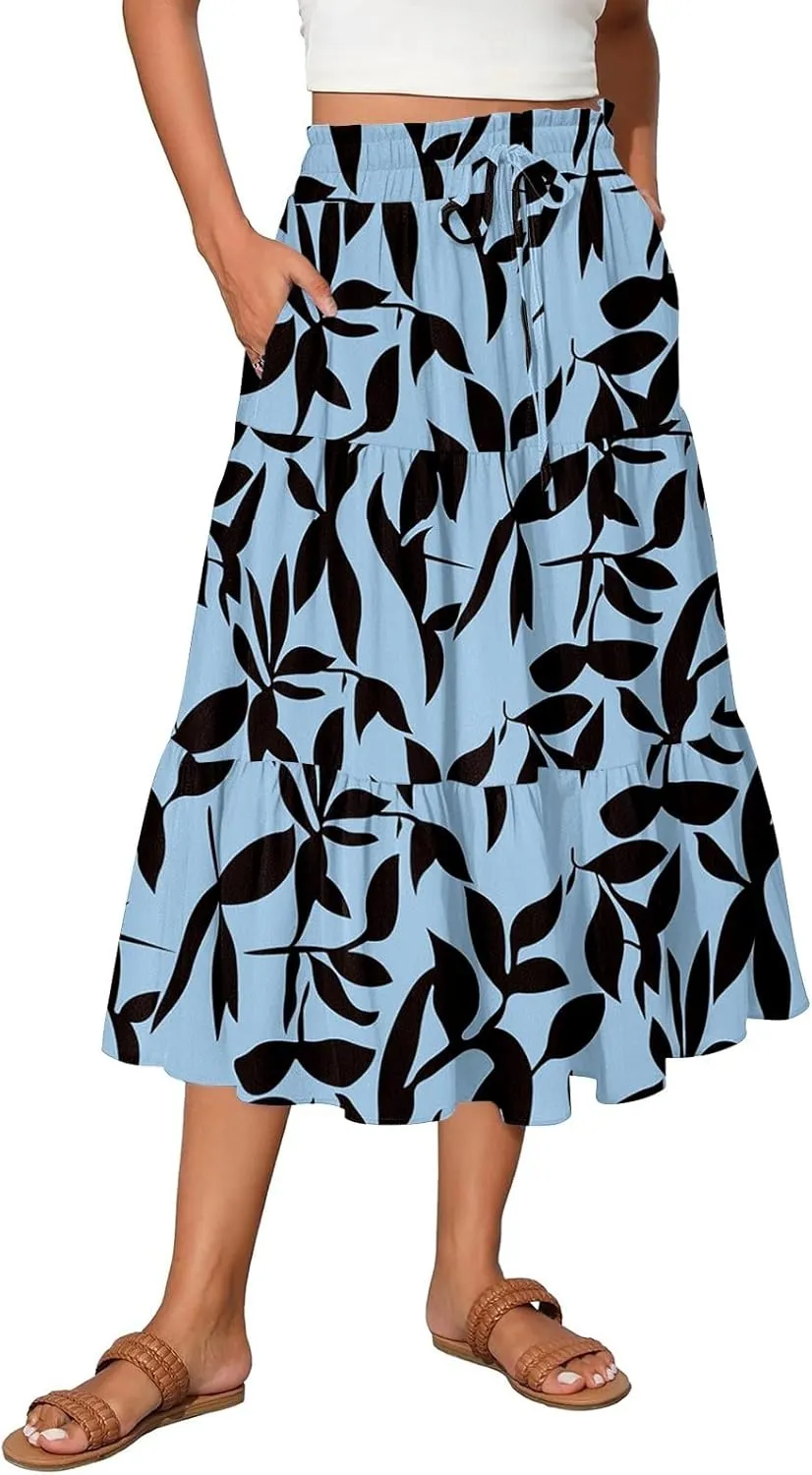 Midi Skirts for Women Casual Pleated A Line Summer Cute Skirts Smocked Floral Boho Flowy Long Skirt with Pockets