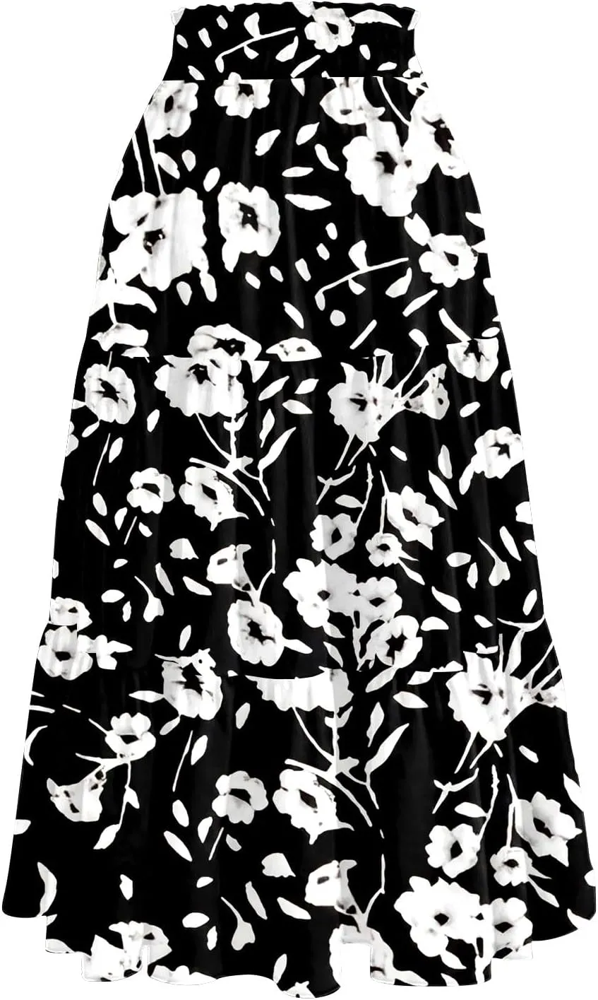Midi Skirts for Women Casual Pleated A Line Summer Cute Skirts Smocked Floral Boho Flowy Long Skirt with Pockets
