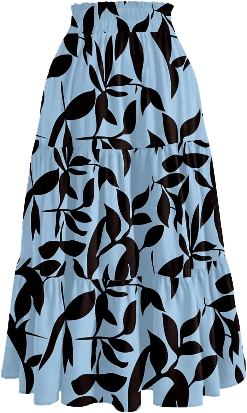 Midi Skirts for Women Casual Pleated A Line Summer Cute Skirts Smocked Floral Boho Flowy Long Skirt with Pockets