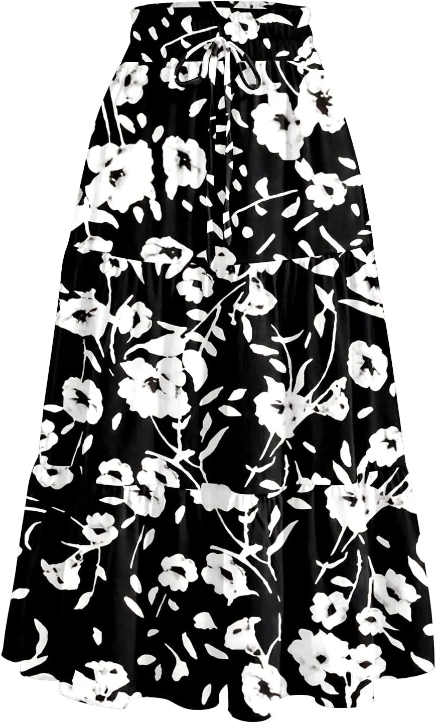 Midi Skirts for Women Casual Pleated A Line Summer Cute Skirts Smocked Floral Boho Flowy Long Skirt with Pockets