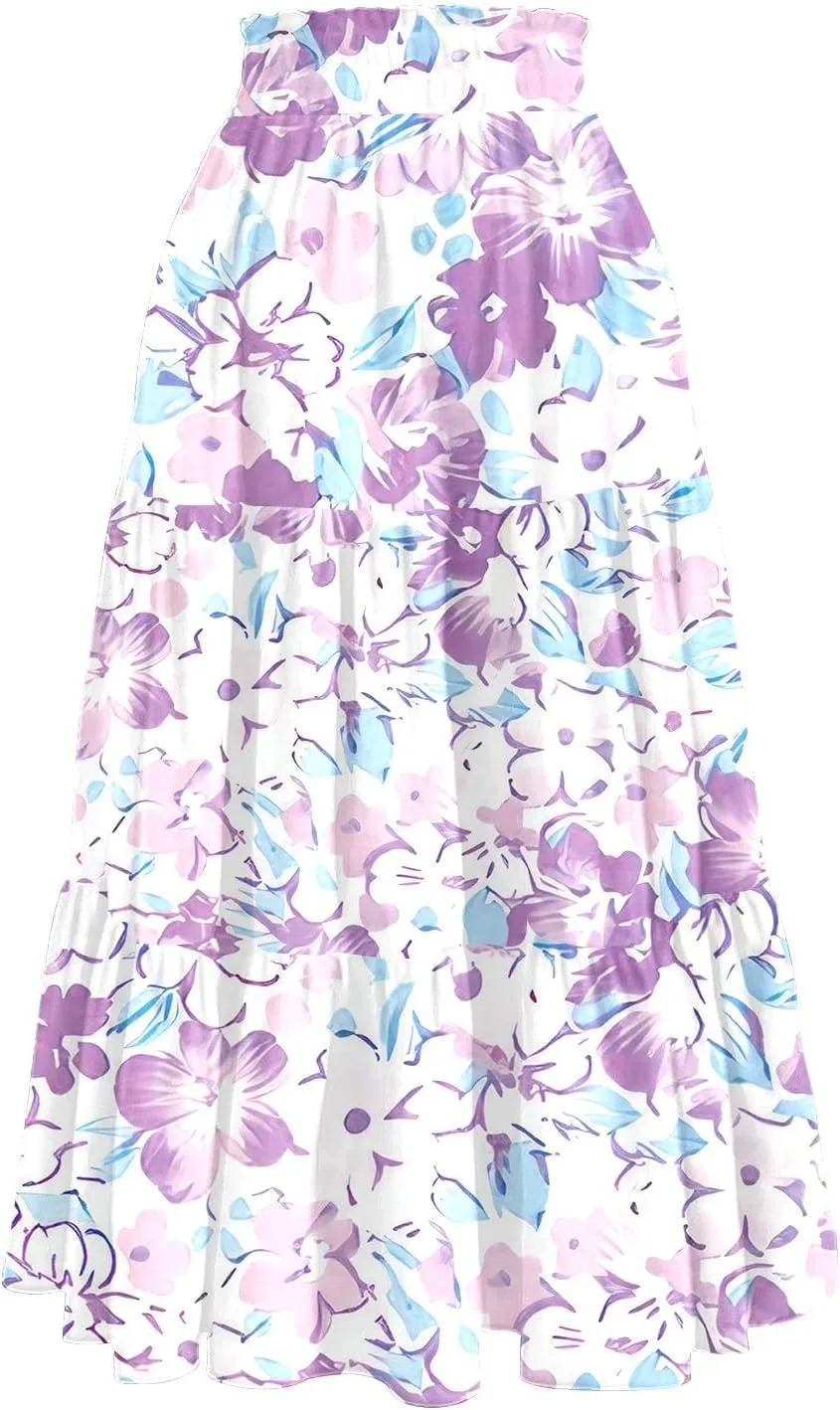 Midi Skirts for Women Casual Pleated A Line Summer Cute Skirts Smocked Floral Boho Flowy Long Skirt with Pockets