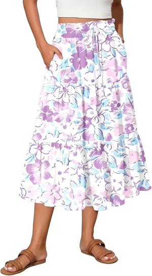 Midi Skirts for Women Casual Pleated A Line Summer Cute Skirts Smocked Floral Boho Flowy Long Skirt with Pockets
