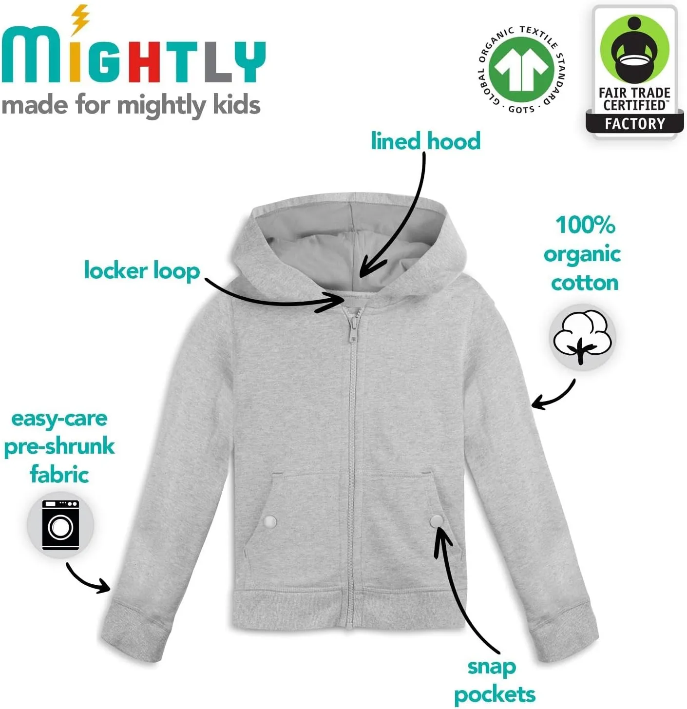 Mightly Fleece Zip Hoodie | Boys & Girls Organic Cotton Hooded Sweatshirts w/Pockets, Fair Trade Certified for Toddler&Kids
