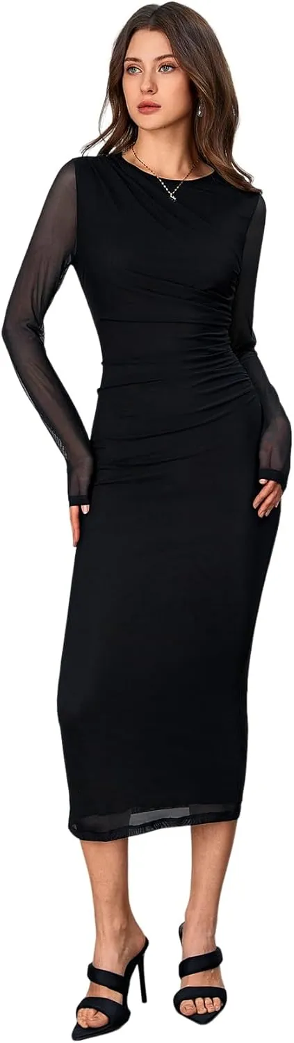 Milumia Women's Ruched Mesh Bodycon Dress Long Sleeve Boat Neck Midi Dresses