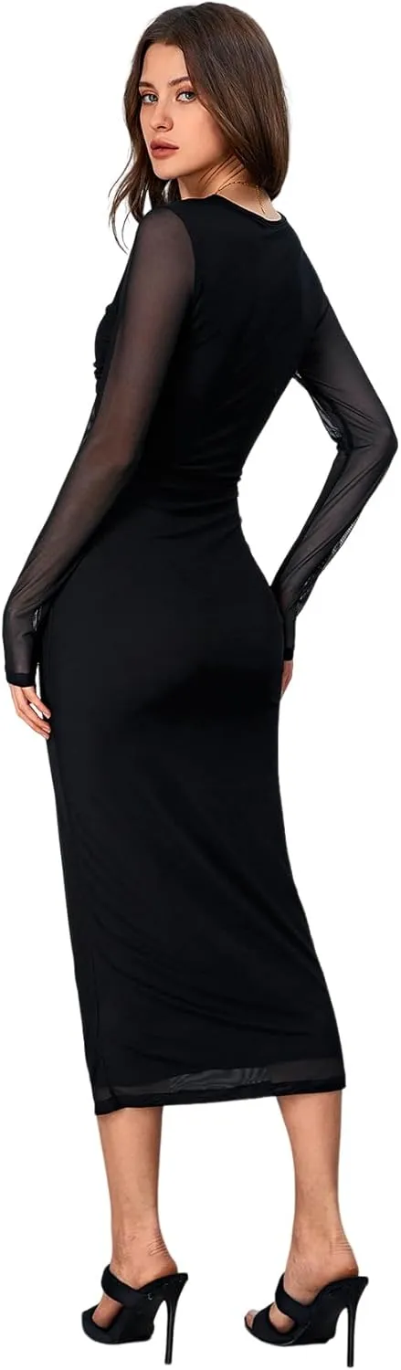 Milumia Women's Ruched Mesh Bodycon Dress Long Sleeve Boat Neck Midi Dresses